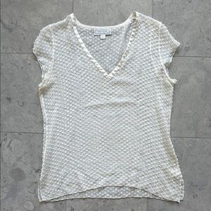 Beyond Vintage Swiss Dot V-Neck S/S Sheer Silk Top in White - Large